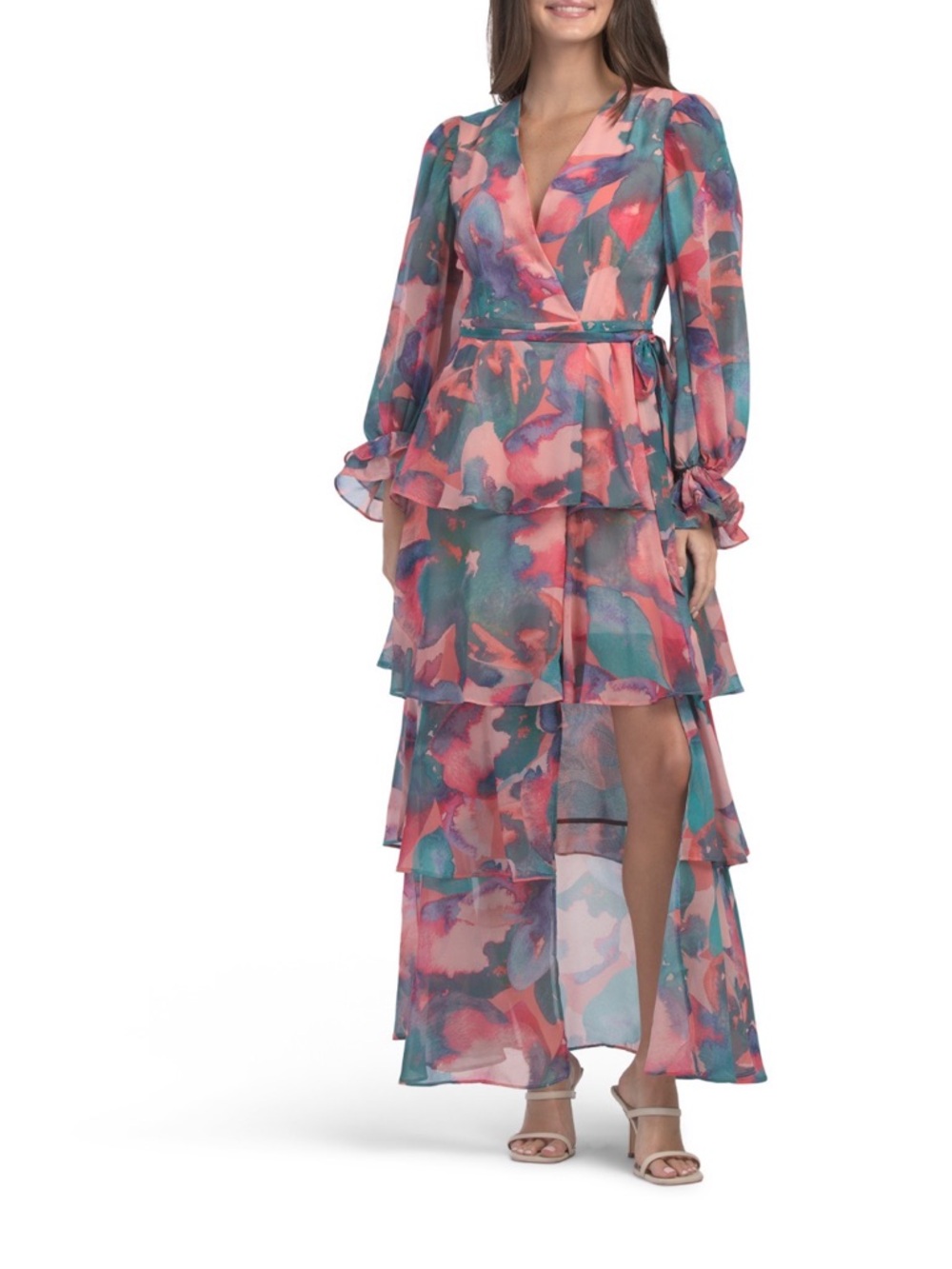 Hutch Bardot Floral Wrap Tiered Maxi Dress in Coral & Teal
